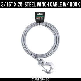 29460 Curt 3/16 Inch X 25 Foot Steel Winch Cable With Hook 4200 Lbs Capacity