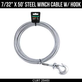 29461 Curt 7/32 Inch X 50 Foot Steel Winch Cable With Hook 5600 Lbs Capacity