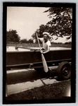 Vtg B&w Snapshot Young Man Sailor Hat Holding Oar Boat On Trailer. Fixed Price $14.99.
