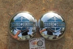 2- Shore Station Boat Trailer Hubcaps, Pair Of 2, Chrome Embossed, Good Shape. Fixed Price $59.95.